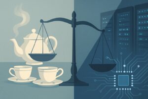 Split composition: left side shows formal tea service with delicate porcelain and steaming pot in soft focus; right side displays a computer server room with glowing blue lights and circuit board patterns; between them, a symbolic balance scale tilted with tension, all rendered in cool diplomatic to