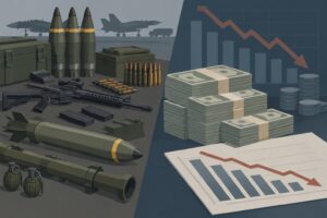 A split composition: on one side, military ordnance and weaponry arrayed on a surface; on the other side, stacked currency or financial charts descending in value, symbolic of the $47 billion expenditure, rendered in muted tones